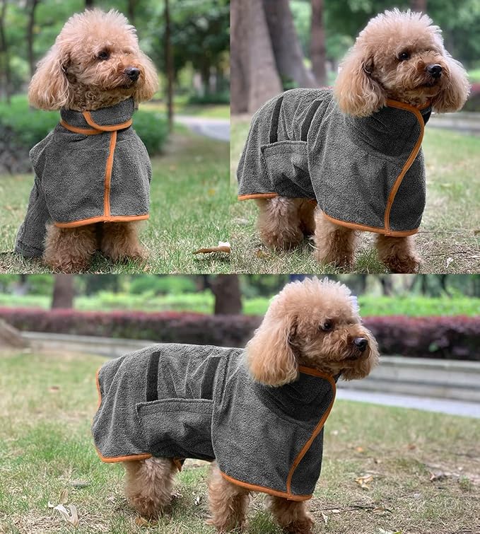 Dog Drying Coat Bathrobe Towel, Microfibre Material Fast Drying Super Absorbent Dog Bath Robe, Pet Quick Drying Moisture Absorbing with Adjustable Collar and Waist