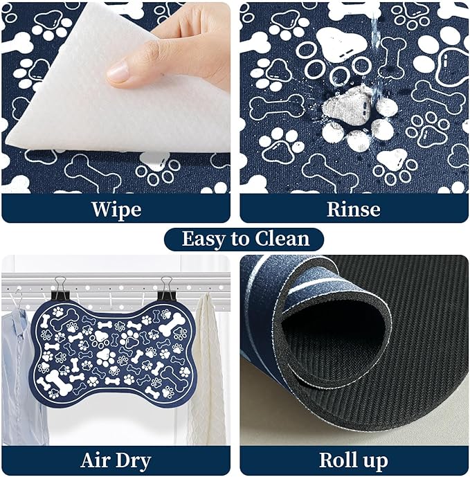 Dog & Cat Food Mat Bone Shaped Pet Feeding Mat Quick Absorb Water Bowl Placemat with Rubber Backing Indoor Floor Stain Resistant Pet Accessory Supplies (Blue, 17x29 Inches)