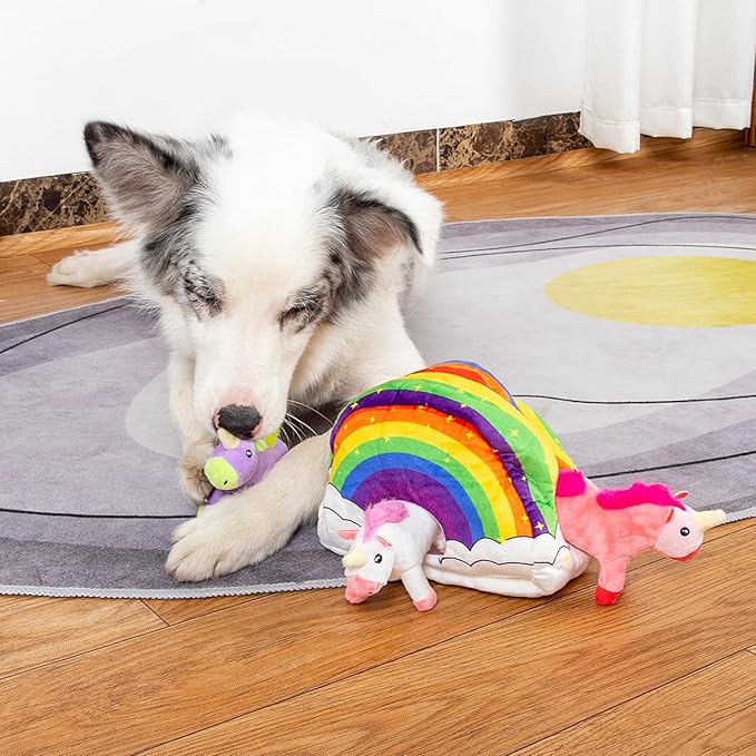Hollypet Hide and Seek Squeaky Dog Toy, Designed Interactive Puzzle Plush Stuffed Puppy Toys, Unicorn