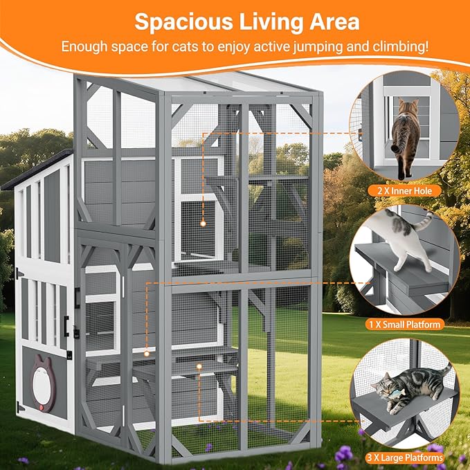 3 Tiers Catio 69" H Large Cat Enclosures House for Outdoor Indoor Feral Cats Shelter with Window Access, Adjustable Two-Way Access Hole, Weatherproof Roof, 3 Resting Rooms, 3 Platforms