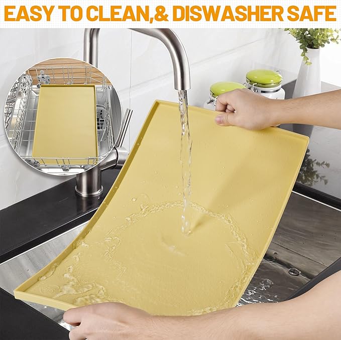 Hubulk Dog Feeding Mat,100% Waterproof Food Grade Silicone Pet Food and Water Bowl Placemat,Dishwasher, High Raised Edge to Prevent Spills,Nonslip Tray to Stop Messes on Floor (19"x12"x0.5", Yellow)