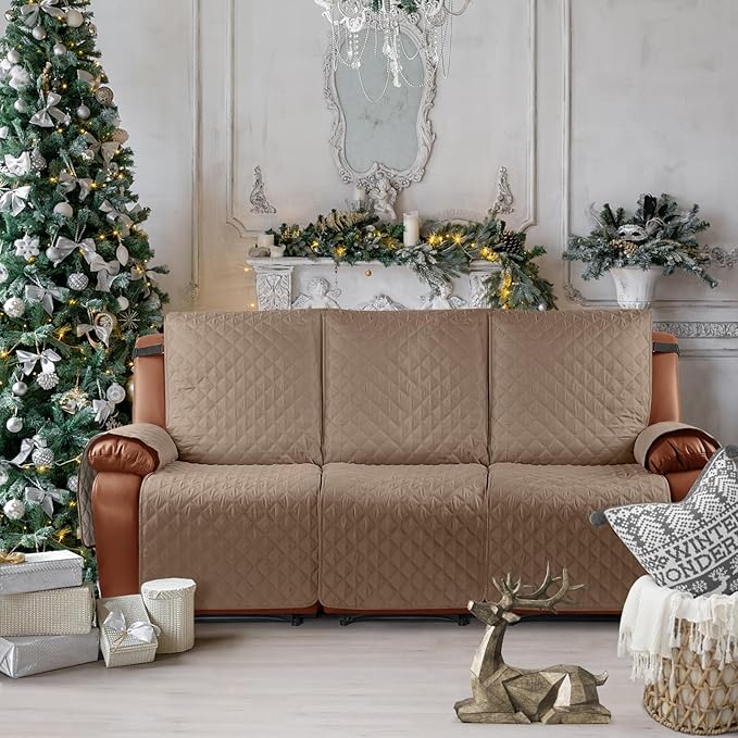 Ruaozz Waterproof Recliner Sofa Cover 1-Piece Couch Covers for Reclining Couches Reclining Sofa Cover Washable Furniture Protector with Elastic Straps Pocket for Kids, Pets (Light Brown, 3 Seater)