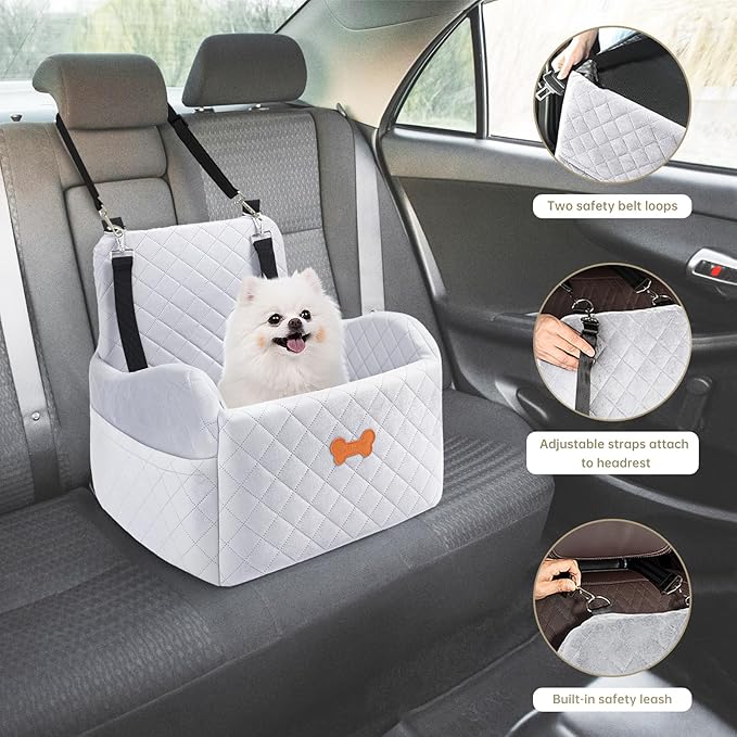 Dog Car Seat for Small Dogs, Dog Booster Seat Filling in Thick Memory Foam with 2 Safety Leashes and Storage Pocket, Suitable for Pet Under 30lb or 2 Puppies (Gray)