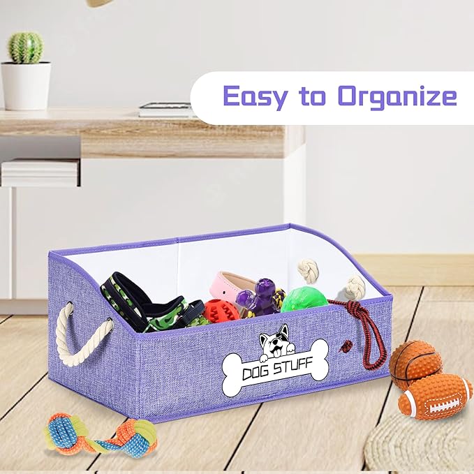 Collapsible Fabric Dog Toy Box and Storage Bin With Handle - Trapezoid Basket Chest Organizer for Pet Toys, Blankets and Accessories, Purple