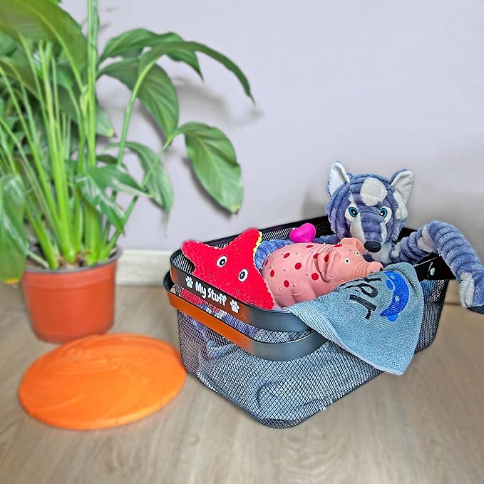 Dog Toy Basket Metal Mesh Metal, Chew Proof, 16 (L) x 9.5 (W) x 7 (H) inches Black Dog Toy Bin, Sturdy Pet Toy Basket