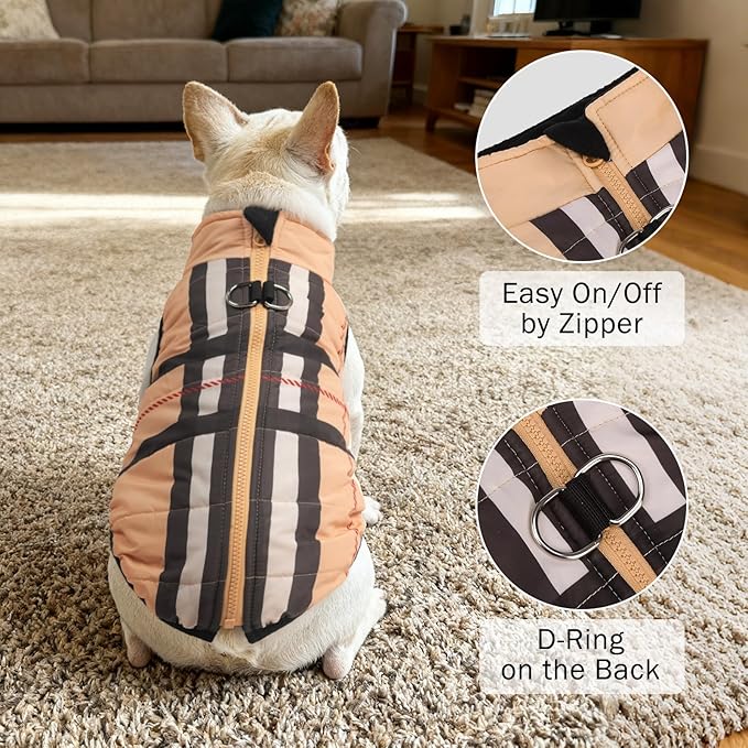 SCENEREAL Winter Dog Vest Coat with Harness Built in, Warm Puppy Jacket for Small Medium Dogs, Cold Weather Coat with Zipper, Fleece Puffer Vest Windproof Snow Clothes, Beige Plaid M