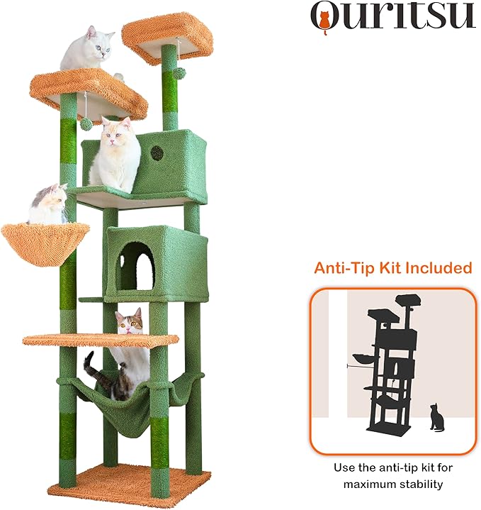 Ouritsu Cat Tree, 73.6 inch Tall Cat Climbing Tower for Large Cat Indoor with 2 Large Condos, 2 Widened Perches, Sisal Covered Scratching Posts, 2 Hammocks, Cactus Green, XLF001GB