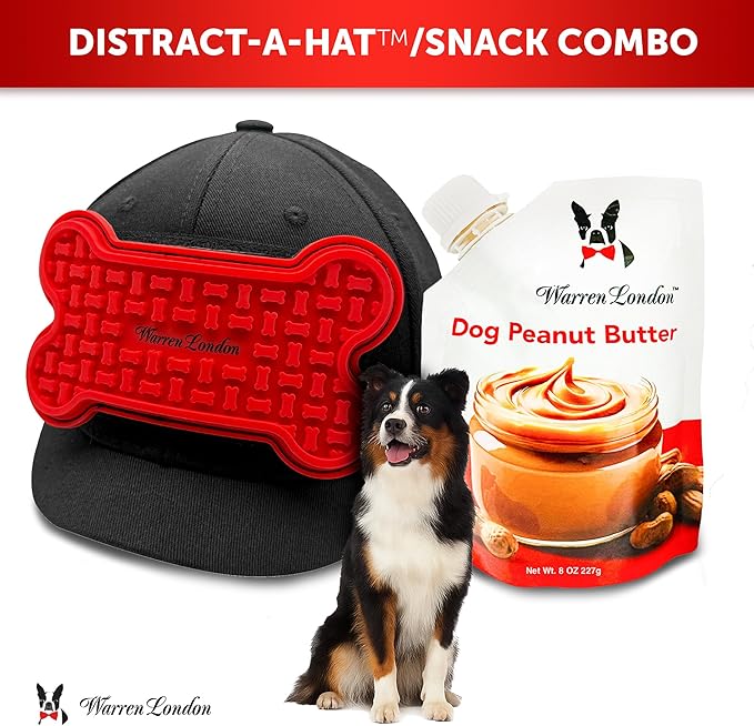 Warren London Hat/Snack Combo - Distract-A-Hat™ Grooming Distraction Tool + 8 oz All-Natural Roasted Peanut Dog Peanut Butter, Xylitol-Free Enrichment & Anxiety-Relief