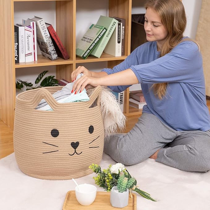 VK VK·LIVING Animal Baskets Large Woven Cotton Rope Storage with Cute Cat Design Laundry Organizer for Towels, Blanket, Toys, Clothes, Gifts – Cat Toy Box Pet or Baby Gift Baskets 15"Lx14H"