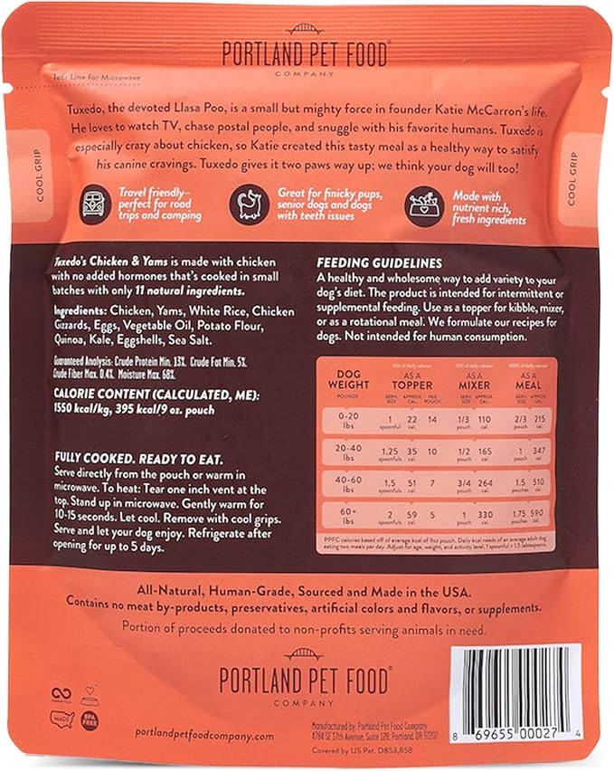 Portland Pet Food Company Fresh Dog Food Pouches - Human-Grade Toppers Wet Pet Meal & Mixers - Gluten-Free Limited Ingredient Tuxedo’s Chicken & Yams - Large & Small Breed Puppy & Senior Dogs - 8 Pack