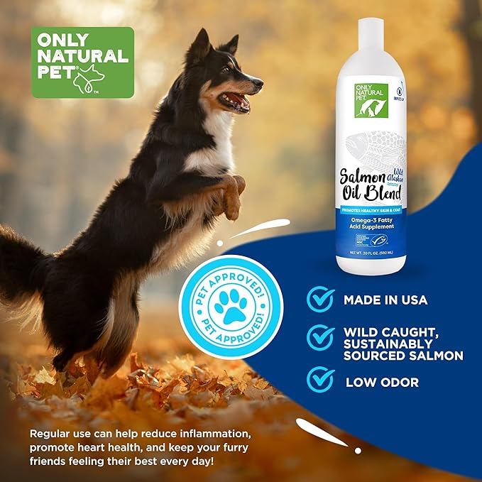 Only Natural Pet Wild Alaskan Salmon Oil for Dogs & Cats - Omega 3 & 6 Liquid Food Supplement for Pets - EPA & DHA Fish Oils, All Natural Joint Support, Promote Healthy Skin, Coat & Heart - 20 Fl Oz