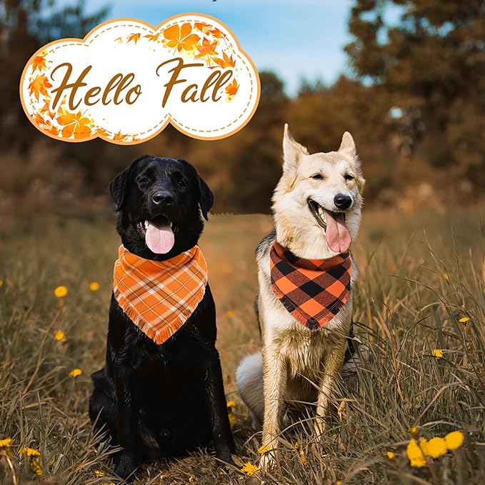 Kytely Fall Thanksgiving Dog Bandanas Large, 2Pack Christmas Halloween Classic Plaid Pet Scarf with Tassels Edges for Boy and Girl, Pet Apparel & Accessories Costume for Puppy Pets