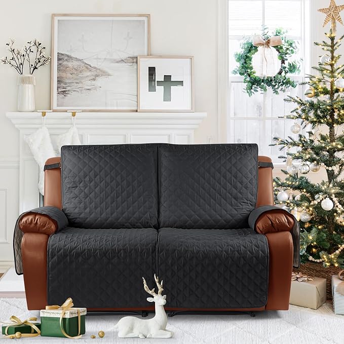 Ruaozz Waterproof Recliner Sofa Cover 1-Piece Couch Covers for Reclining Couches Reclining Sofa Cover Washable Furniture Protector with Elastic Straps Pocket for Kids, Pets (Black, XL 2 Seater)
