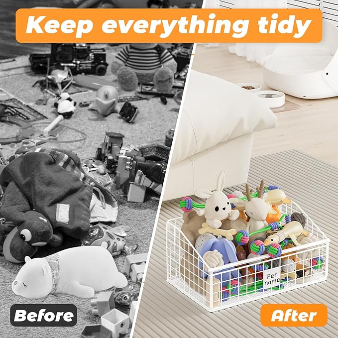 Dog Toy Bin Toy Basket Metal Storage Box with Handles Dog Organizer Chew-Proof White Dog Toy Box Blankets Leashes Chest Puppy Dog Toy Storage Container Home Decor Pet Toys Dog Cat