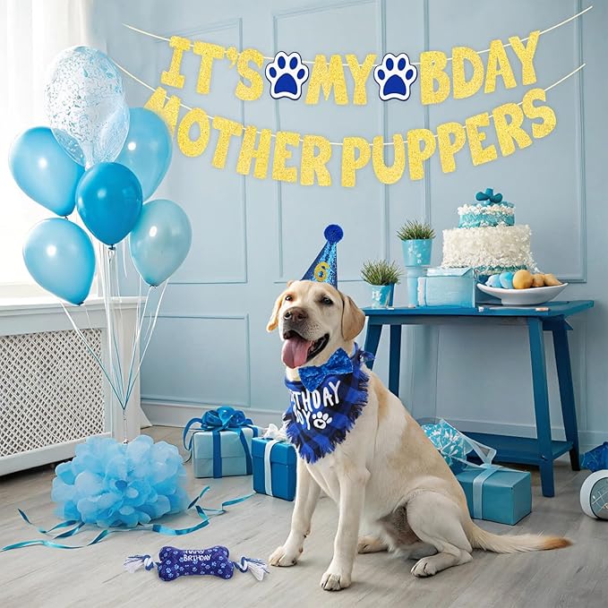 SCENEREAL Dog Birthday Party Supplies, Dog Birthday Bandana Hat Toy Bow Tie Collar Set with Birthday Numbers, Pet Birthday Scarf Accessories Outfit Decorations for Boy Girl Large XL Dogs
