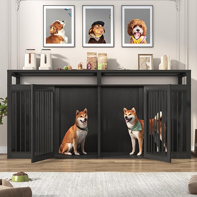 87In Farmhouse Dog Crate TV Stand, Wooden Dog Kennel Furniture with 2 Doors, Large Dog Crate Furniture for 2 Dogs, Solid Metal Tube & 4 Lockable Doors, Black