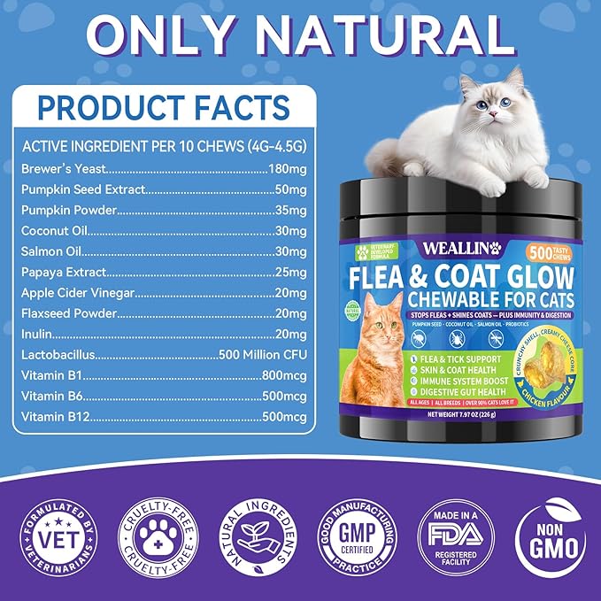 Flea and Tick Prevention for Cats - Cat Flea Treatment with Skin & Coat Support, 500 Crunchy & Creamy Chews, Oral Natural Flea Chewables for Gut & Immunity Support for All Breeds & Ages Chicken Flavor
