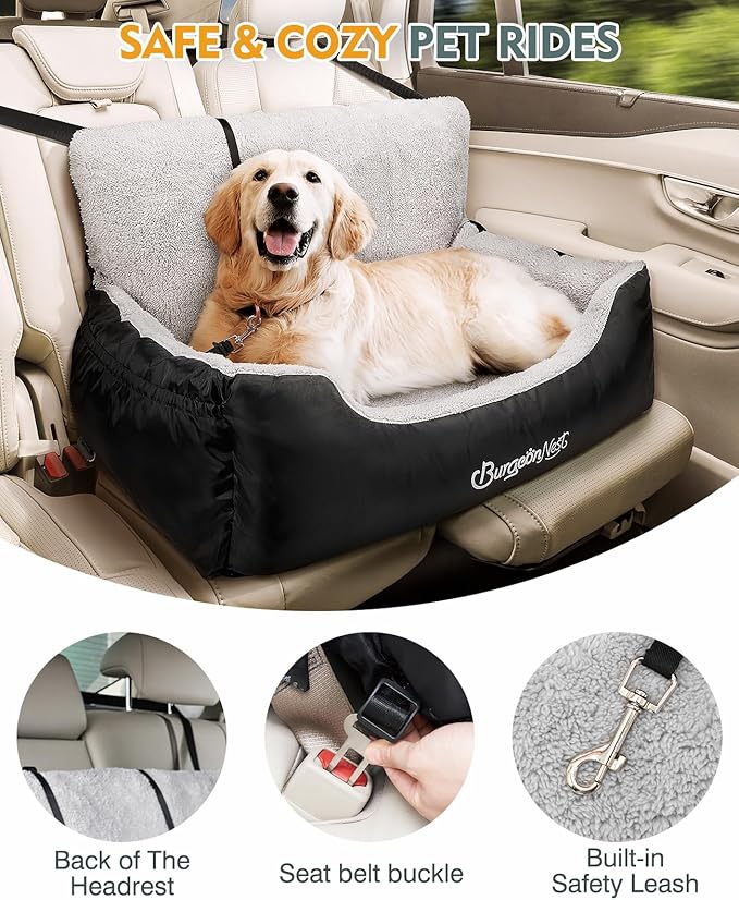 BurgeonNest Dog Car Seat for Medium/Large Dogs Under 55 lbs, Soft Pet Car Travel Home Bed, Fully Detachable and Washable Booster Carseats with Storage Pockets and Clip-On Leash Portable Carrier,Black