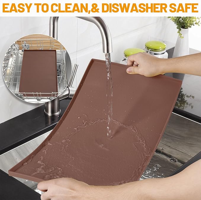 Hubulk Dog Feeding Mat,100% Waterproof Food Grade Silicone Pet Food and Water Bowl Placemat,Dishwasher, High Raised Edge to Prevent Spills,Nonslip Tray to Stop Messes on Floor(19"x12"x0.5", Brown)