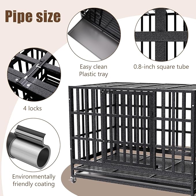 38 Inch Heavy Duty Dog Crate for Large Dogs,Upgraded Escape-Proof Kennel with Chew-Resistant Metal & Reinforced Base, Double Door Cage with Wheels & Removable Tray, Holds Up to 200lbs