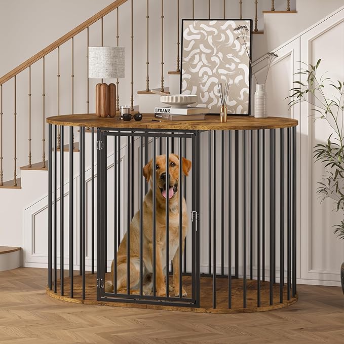 TVU 48 Inch Dog Crate Furniture, Heavy Duty Dog Kennel Indoor for Large Dogs, Oval Decorative Pet House End Table for Living Room, Bedroom, Hallway, 47.2" L x 27.6" W x 31.5" H, Rustic Brown, Black