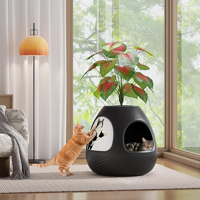 Copod8 Cat Bed Heated Pet Cave 4-in-1 Kitty Warming House Condo with Replaceable Scratching Board, Heating Pad and Air Purifier for Indoor Cats Rabbits Guinea Pigs Small Dogs (Black)