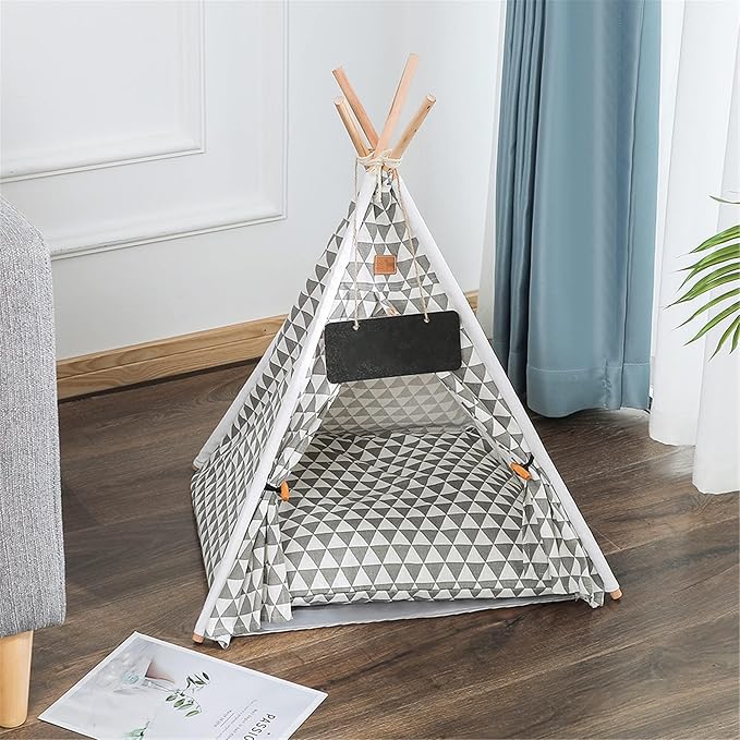 Pet Teepee, Portable Pet Tents for Small Dogs or Cats, Puppy Sweet Bed Washable Dog or Cat Houses with Cushion(Grey2,24in)