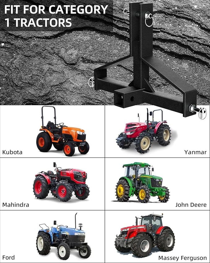 3 Point 2" Trailer Hitch Receiver Heavy-Duty for Category 1 Tractors Compatible with Kubota, BX, LM25H, WLM Tractor, NorTrac, Yanmar, Kioti, Cat (3 Point 2"-Black)