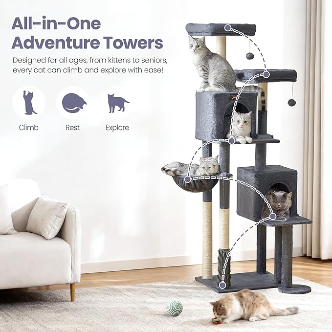 Cat Tree Tower for Indoor Cats Large Adult - 65 inch Extra Tall Cat Condo Trees with Scratching Post Hammock Perch - Big Heavy Duty Multi Level Cat House Towers - Kitty Condos Climbing Furniture