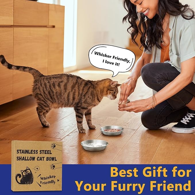 4-Pack Stainless Steel Cat Bowls for Food and Water, Shallow Whisker Friendly Non-Slip Silicone Bottom Dishes, Easy to Clean Indoor Feeding Kitten Metal Plate (5.9")
