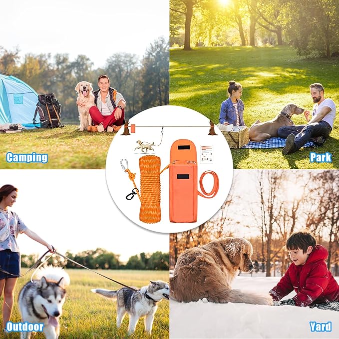 Upgraded Dog Tie Out Cable for Camping, 70FT Portable Knot-a-Hitch Dog Hitching System, Trolley System for Dogs up to 250lbs, Dogs Runner for Yard Camping Training Running Hiking Outdoor