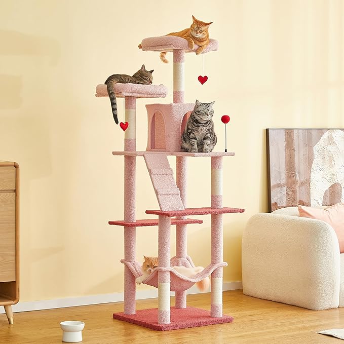 MWPO Cute Cat Tree, 70.1-Inch Tall Pink Cat Tower for Indoor Cats Large Adult, Multi-Level Cat Condo with 5 Scratching Posts, 2 Padded Perches, Hammock, Dangling Toys