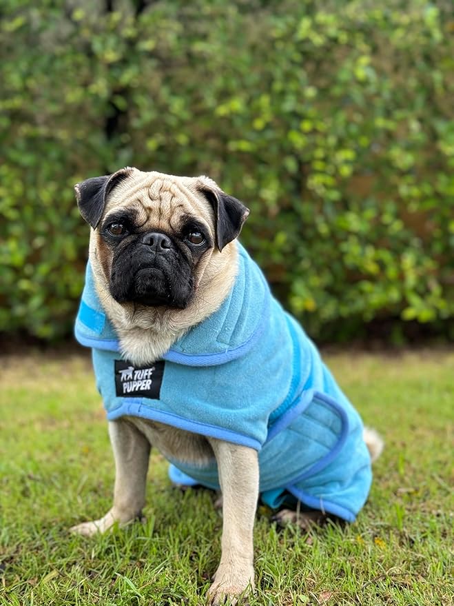 Tuff Pupper Fast Drying Dog Bath Robe | 800 GSM Plush Dog Towel Bathrobe/Dressing Gown | Super Absorbent Pet/Puppy Bathrobe | Adjustable Hood & Belly Strap | Super Soft | Fast Drying (S, Blue)