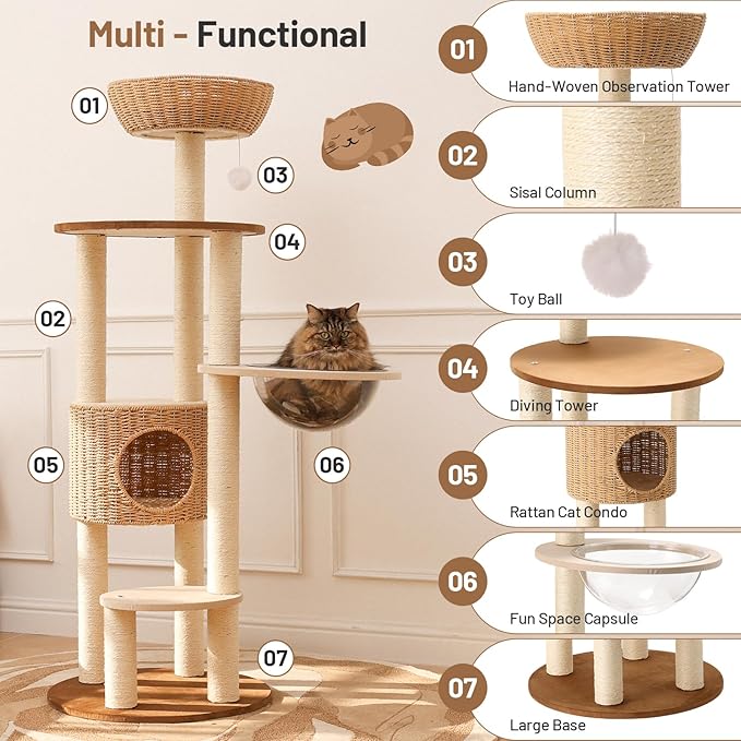 Rattan Cat Climbing Tower Condo with Scratching Post,Capsule,Basket,and Bed Modern Heavy Duty Cat Tree for Indoor Cat Large