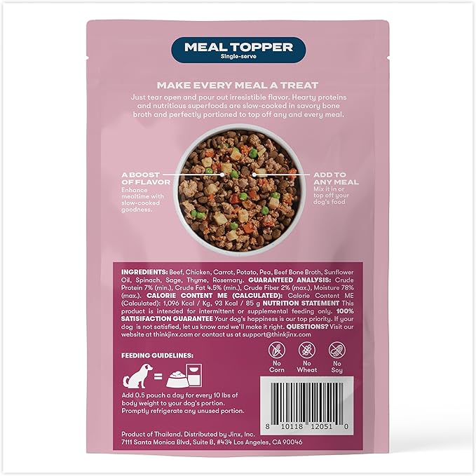 Jinx Beef Wet Dog Food Pouches, Meal or Dog Food Topper Mix-in, Made with Real Beef & Chicken, Bone Broth, No Fillers - Puppy, Adult, Senior, 3oz, 8 Pack