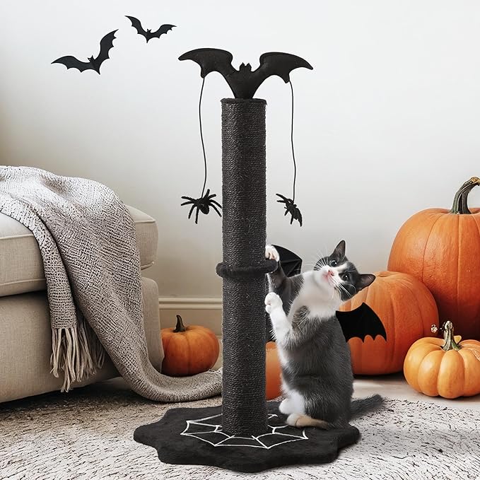 Gothic Cat Scratching Post, Sisal Cat Scratcher with Interactive Hanging Spider Toys, Monster Scratch Pole for Indoor Cats, Halloween Cat Scratch Post for Large Cats, Black