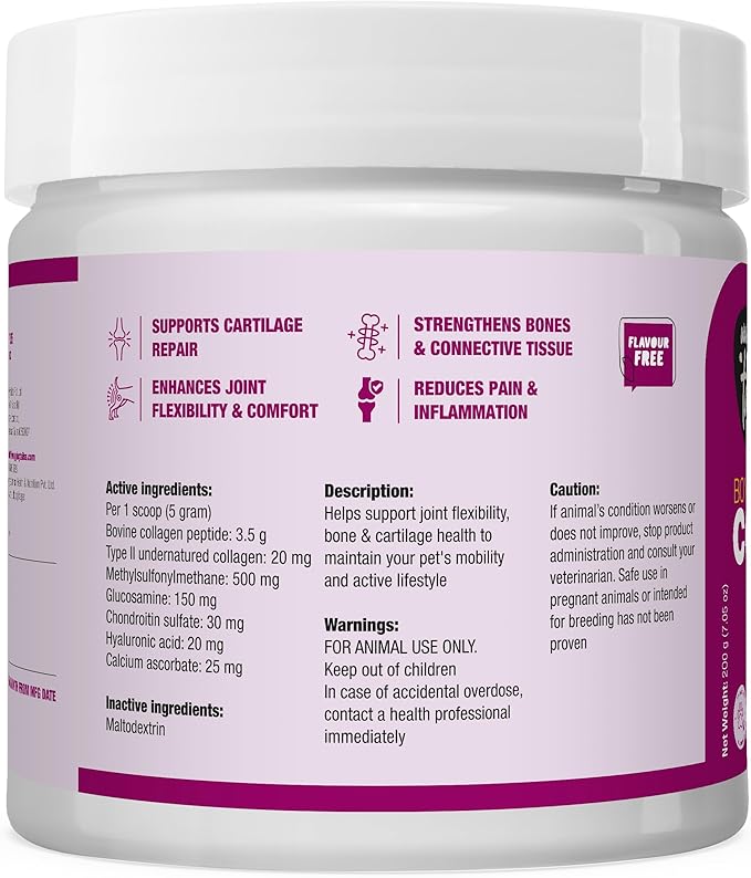 Bone & Joint Collagen Topper for Dog & Cat – UC-II Undenatured Type II, I & III Collagen Peptides – Supplement for Mobility, Flexibility & Cartilage Health – Unflavoured Powder Easy to Digest – 7 oz