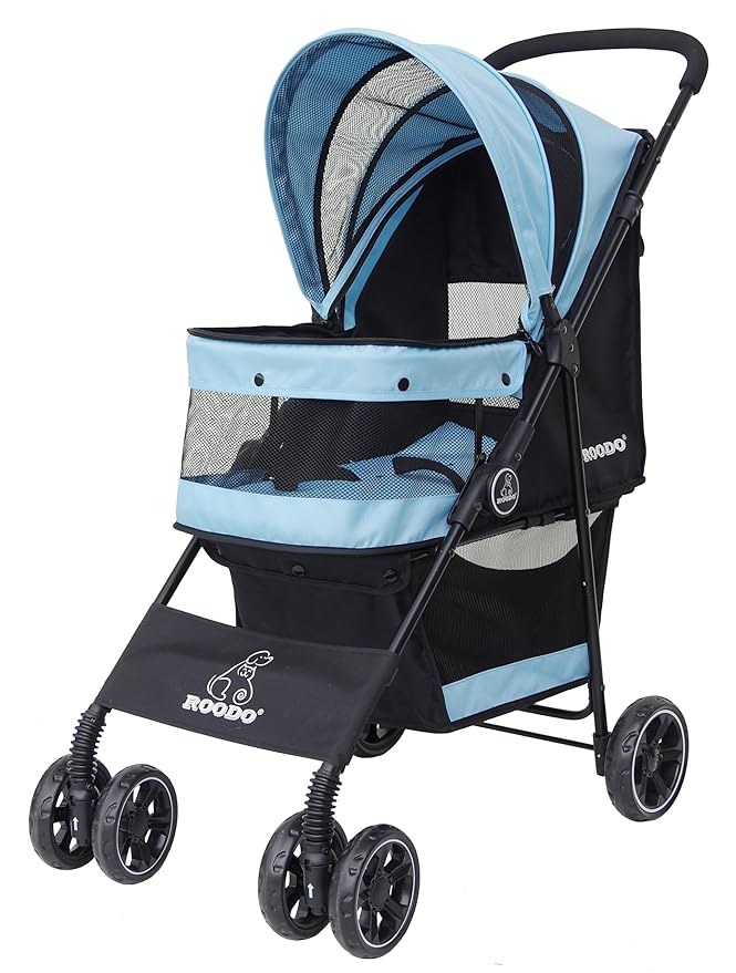 ROODO 4 Wheel Dog Cat Pet Stroller Best Lightweight Foldable Compact Portable Jogger All Terrain Travel Pet Gear Puppy Doggie Bunny Kitty Stroller for up to 30lbs Medium Small Dogs Cats(Sky Blue)