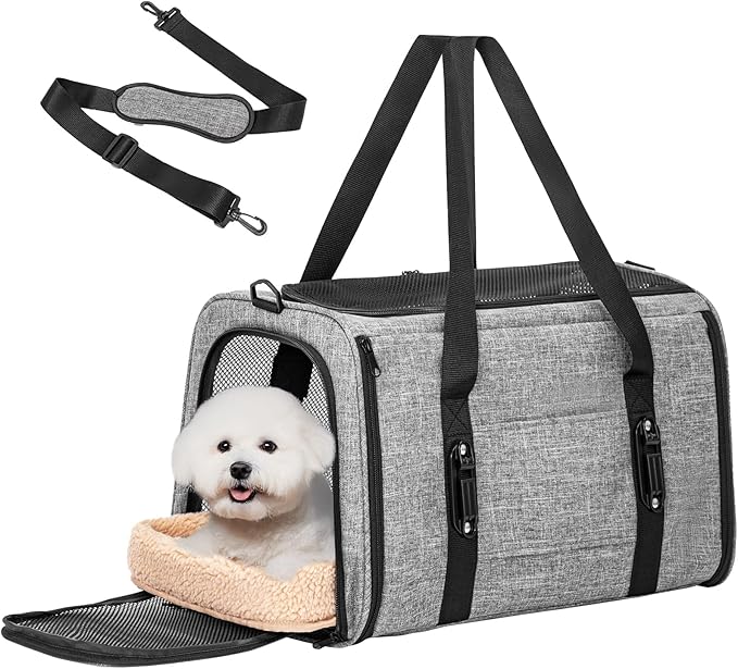 PETSFIT Cat Car Carrier for Medium Cats Dogs, 19"x12"x12" Small Dog Carrier, with Patent Safety Buckles and Escape-Proof Zipper - Safeguarding Car Travel, Vet Visit, Outdoor