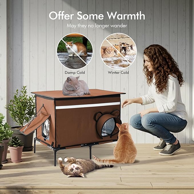 Heated Outdoor cat House for Outside, Weatherproof Insulated Feral Cat Shelter with Timer-Temp Control Heating Pad in Winter, Large Elevated Outdoor Cat House with Zipper, 2 Doors, Safety- Deep Brown