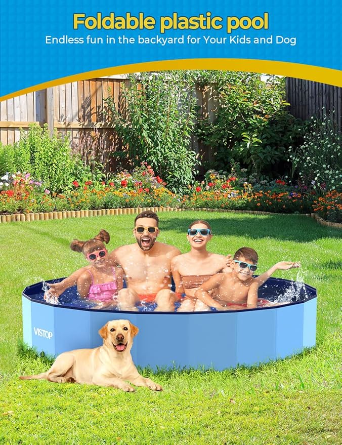 VISTOP Jumbo Foldable Dog Pool, Hard Plastic Shell Portable Swimming Pool for Dogs Cats and Kids Pet Puppy Bathing Tub Collapsible Kiddie Pool (87inch.D x 15.7inch.H, Blue)