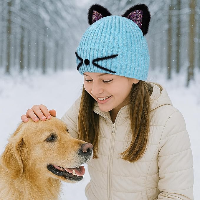 Kids Girls Cat Ear Hat Winter Warm Knit Beanie Cute Ski Skull Cap for Ages 7-12