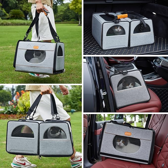 IC ICREATE.X Large Cat Carrier with Litter Box for Car Travel, Pet Carrier Bag 2-in-1,Double Cat Travel Transport Carrier for Long Distance, Collapsible Dog Crate, Cat Bag for Kitten 2 Cats