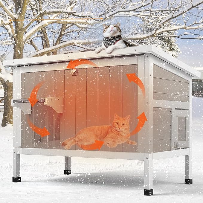 PetsCosset Insulated Cat House Outdoor Weatherproof Feral Cat Shelter for Winter, All-Round Foam Insulation Wooden Pet House for Small Animals with Escape Door,Openable Roof(34.5"L x 21.7"W x 25.6"H)
