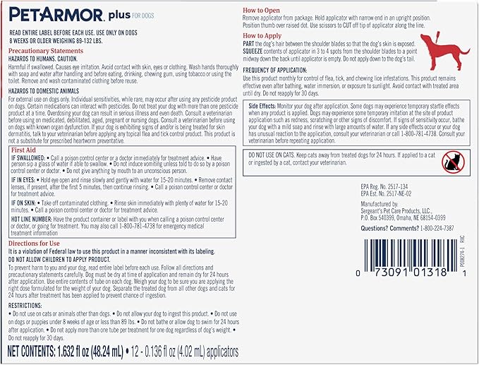 PetArmor Plus Flea and Tick Prevention for Dogs, X-Large Dog Flea and Tick Treatment, 12 Doses, Waterproof Topical, Fast Acting, for X-Large (89-132 lbs)