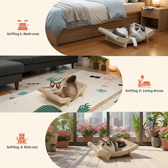 PETKARAY Inclined Sisal Cat Scratcher Bed, Curved Wooden Cat Hammock Chair, Large Scratch Pad for Indoor Cats, Cozy Cat Furniture Lounge, 24x14.5x8 inches