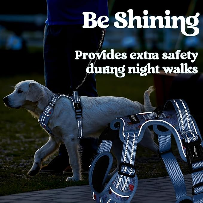 rabbitgoo Dog Harness for Large, No Pull Pet Harness with 3 Buckles, Adjustable Soft Padded Vest with Control Handle, Walking Reflective Pet Vest for Extra Large Dogs, Floral Blue, XL