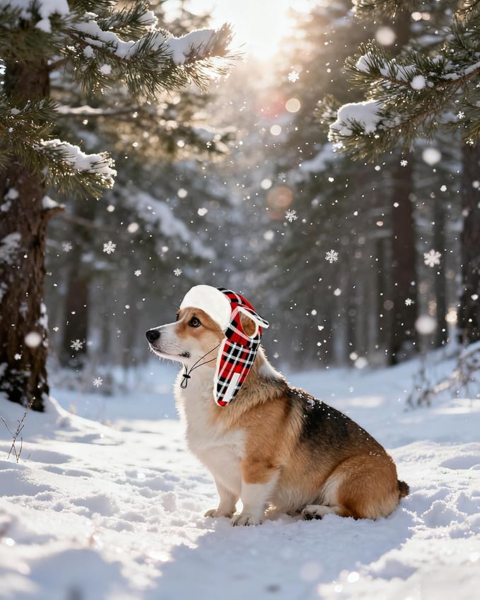 PET SHOW Dog Trapper Hat Winter Hat for Small Medium Dogs Christmas Warm Fleece Aviator Hats with Ear Flaps Adjustable Outdoor Boy Pet Pilot Costume Cap M-Red Plaid/with Ear Holes
