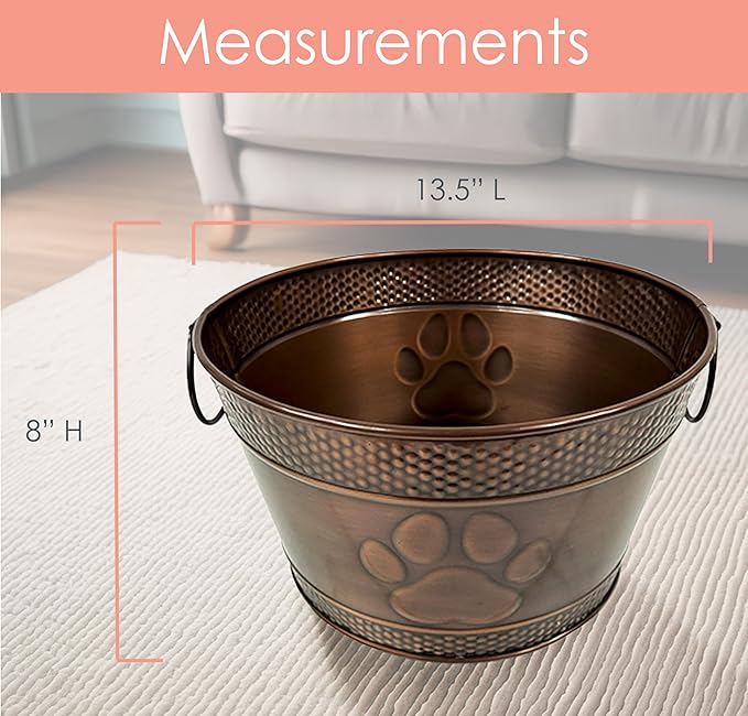 Metal Indestructible Dog Toy Bin - Storage Bin with Handles, Farmhouse Organizer Storage Basket for Pet Toys, Blankets, Leashes - Home Decor (Lead-Free Copper)