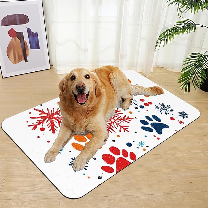 Chirstmas Snowflake Paw Pet Food Mat for Cats and Dogs–Absorbent Quick Dry Feeding Placemat, Non Slip Rubber Base, Waterproof Bowl Mat for Indoor Use, Pet Supplies 16"x24"
